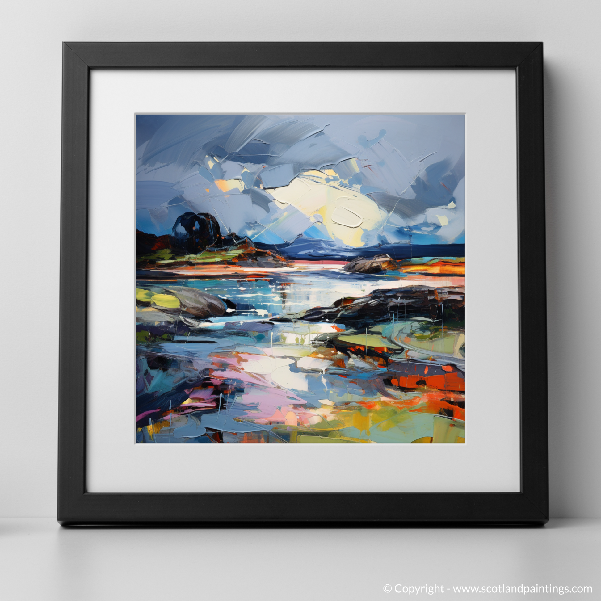 Art Print of Ardtun Bay with a stormy sky with a black frame