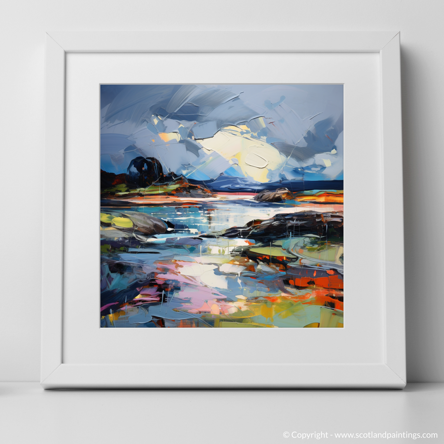 Art Print of Ardtun Bay with a stormy sky with a white frame