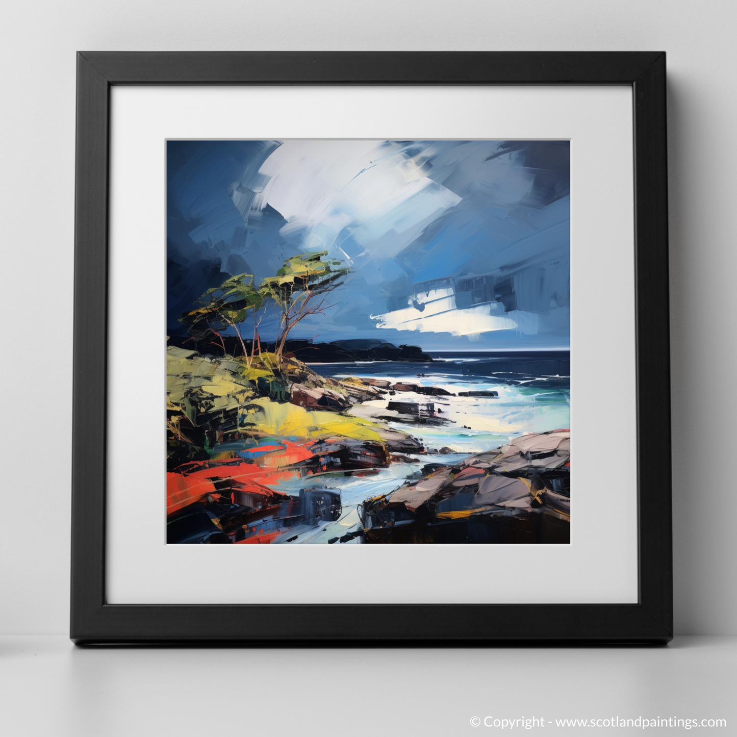 Art Print of Ardtun Bay with a stormy sky with a black frame