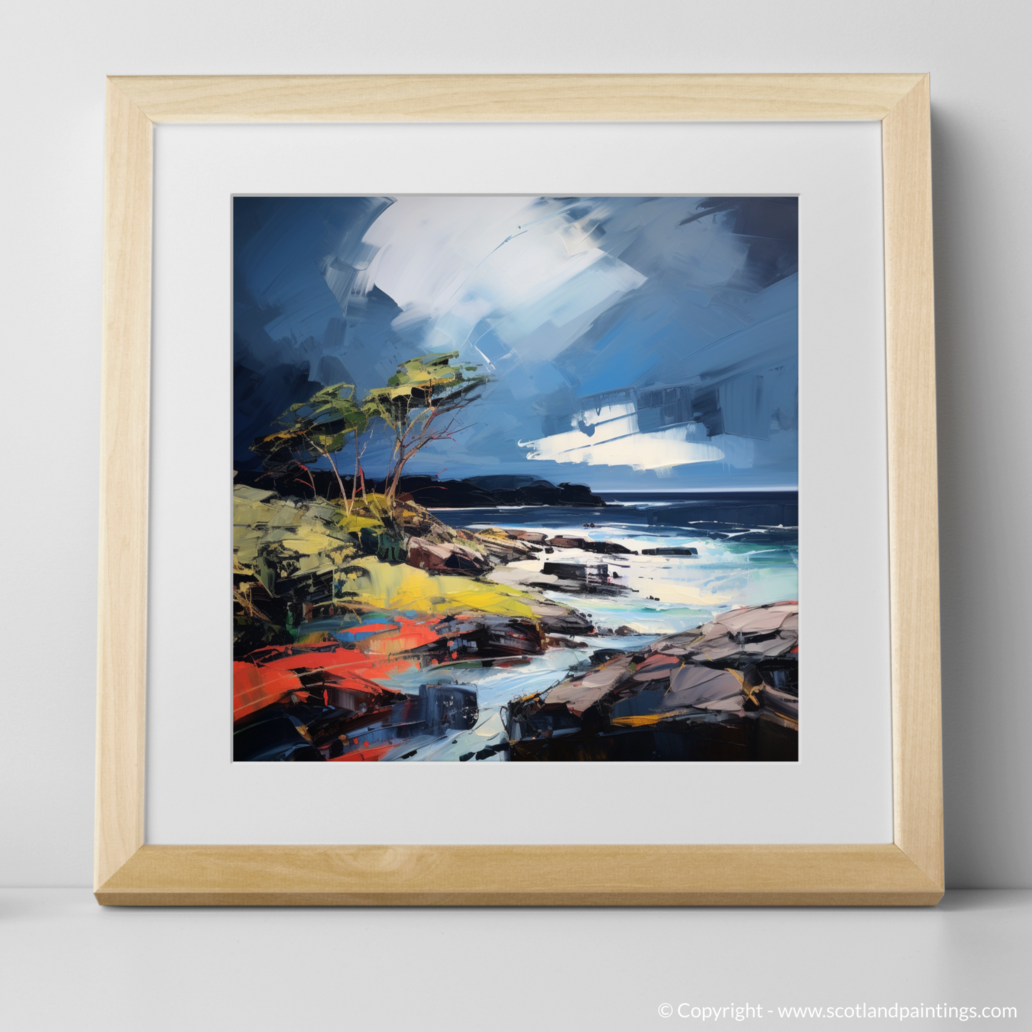 Art Print of Ardtun Bay with a stormy sky with a natural frame