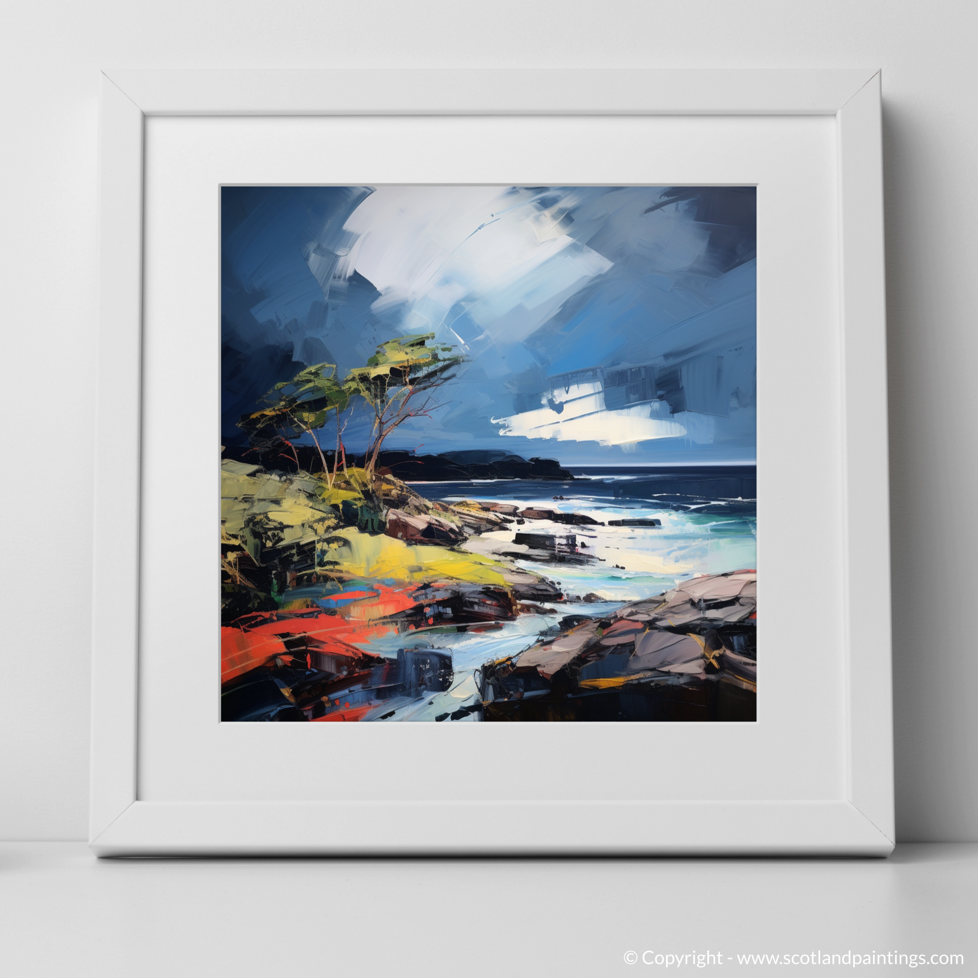 Art Print of Ardtun Bay with a stormy sky with a white frame