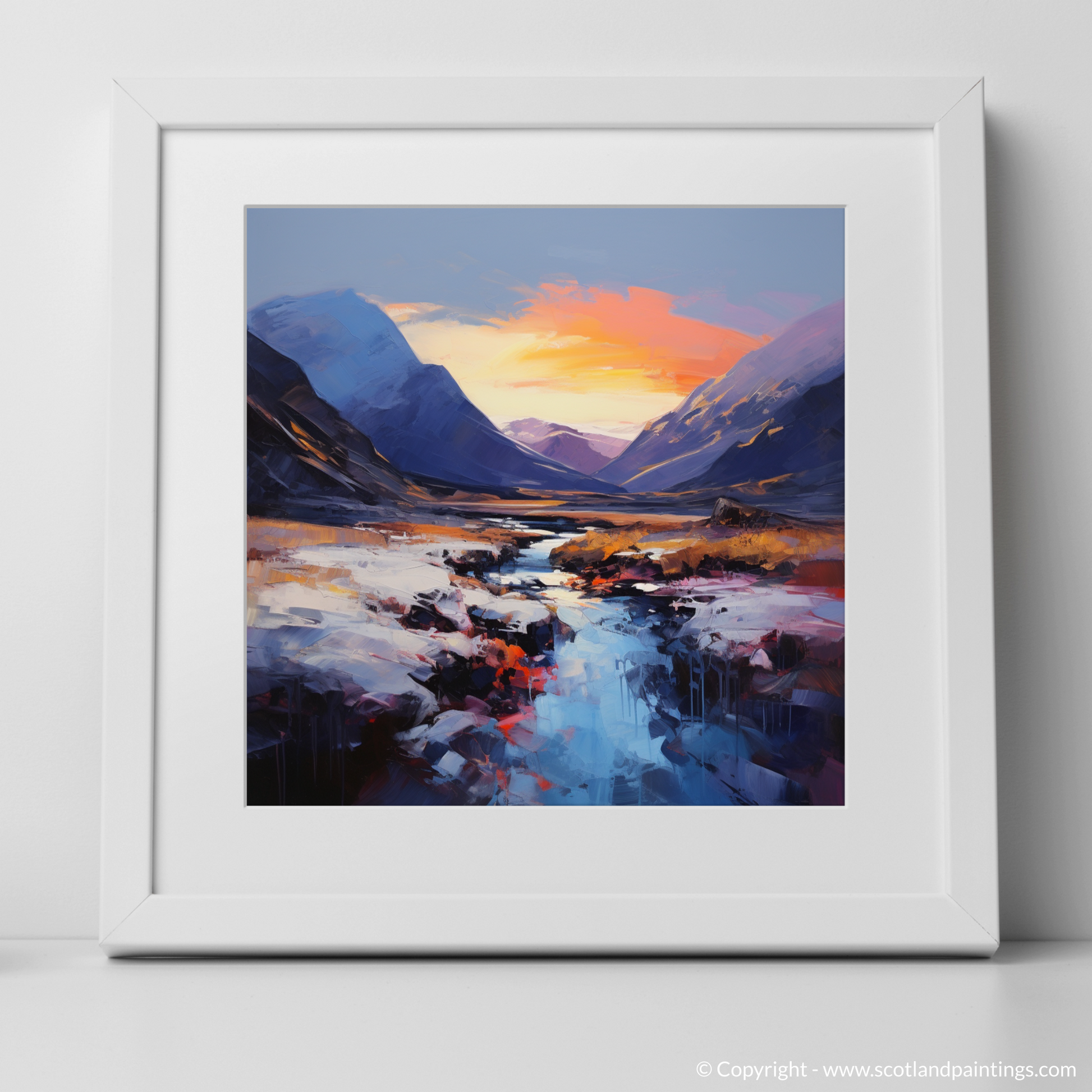 Art Print of Soft twilight on slopes in Glencoe with a white frame