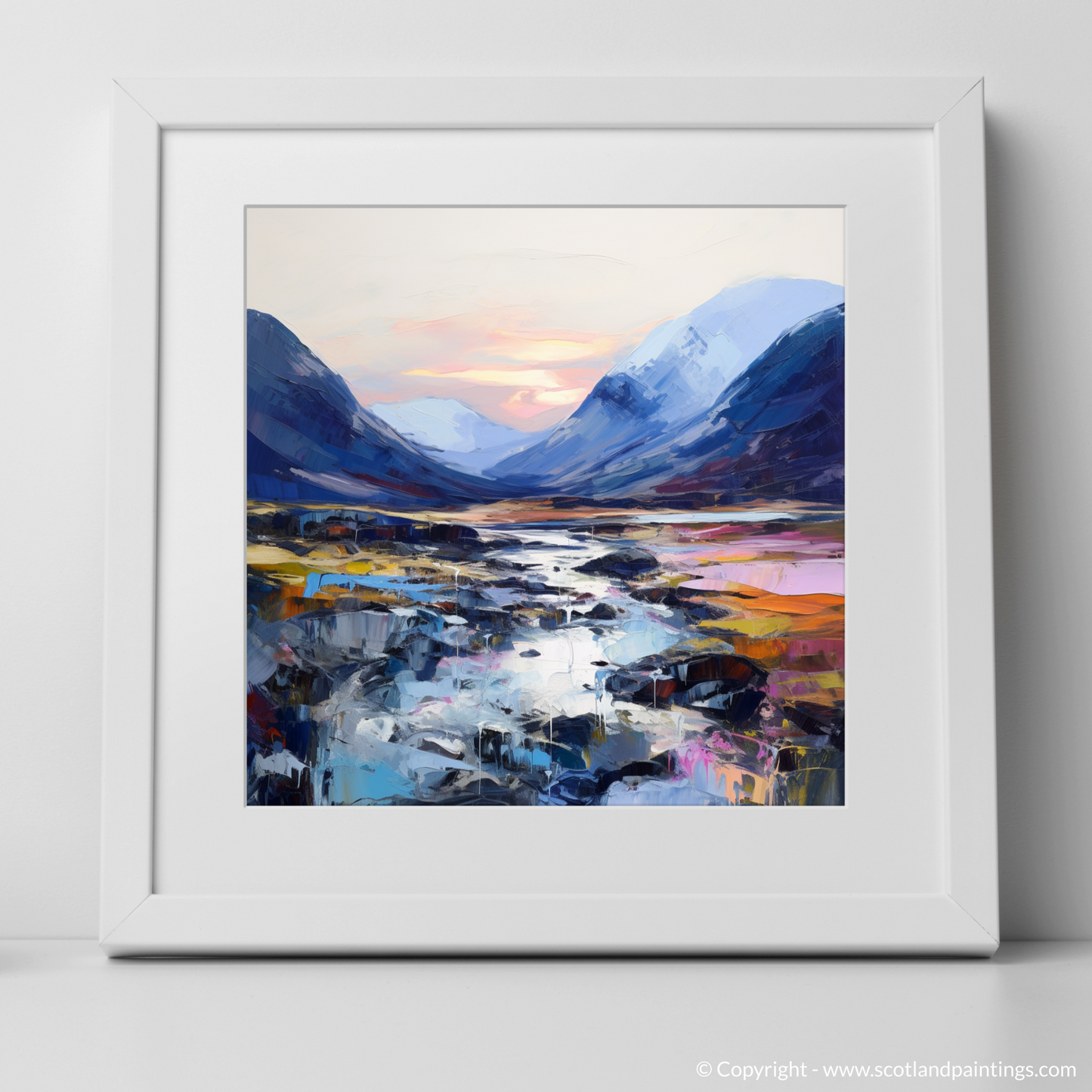 Art Print of Soft twilight on slopes in Glencoe with a white frame