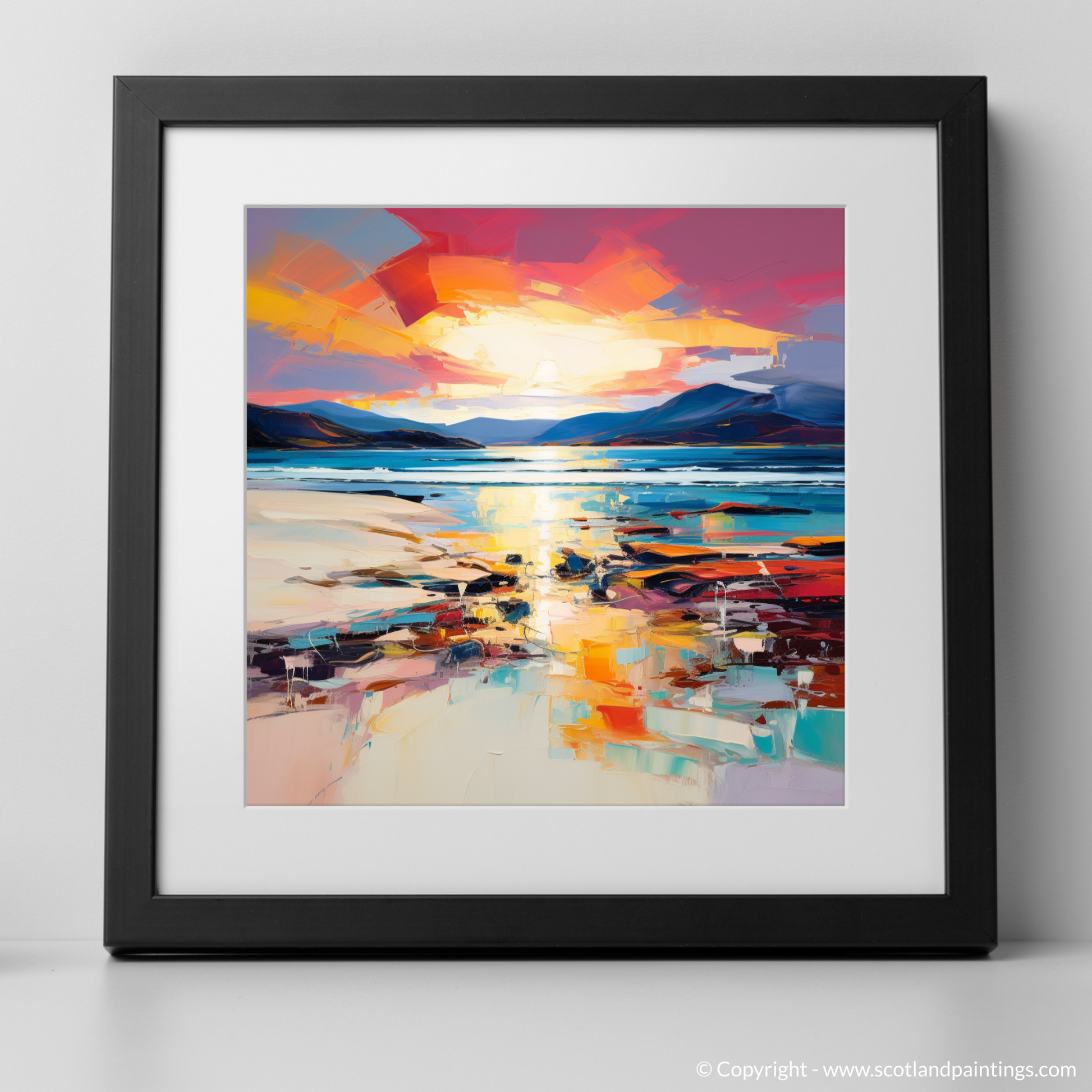 Art Print of Luskentyre Beach at sunset with a black frame