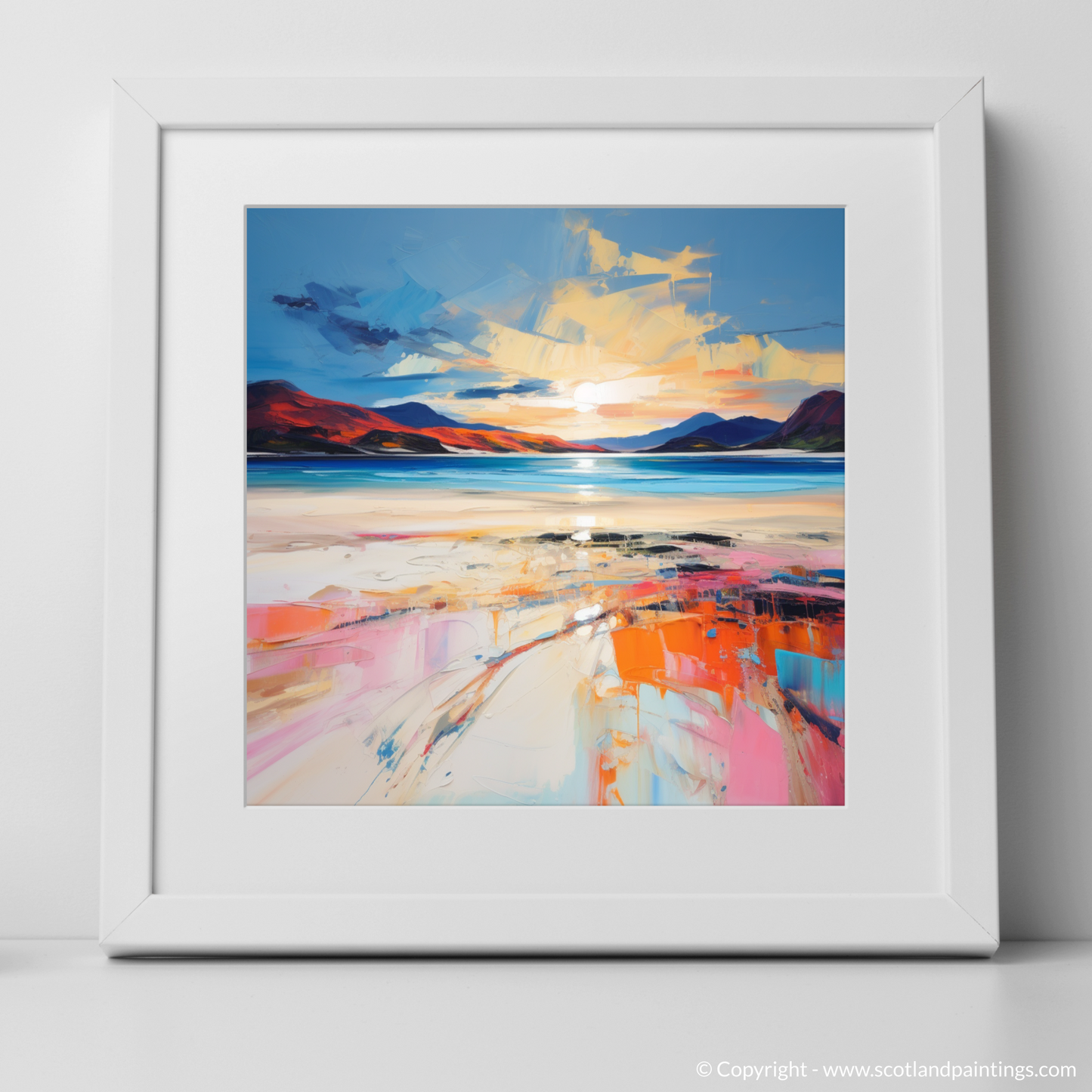 Art Print of Luskentyre Beach at sunset with a white frame