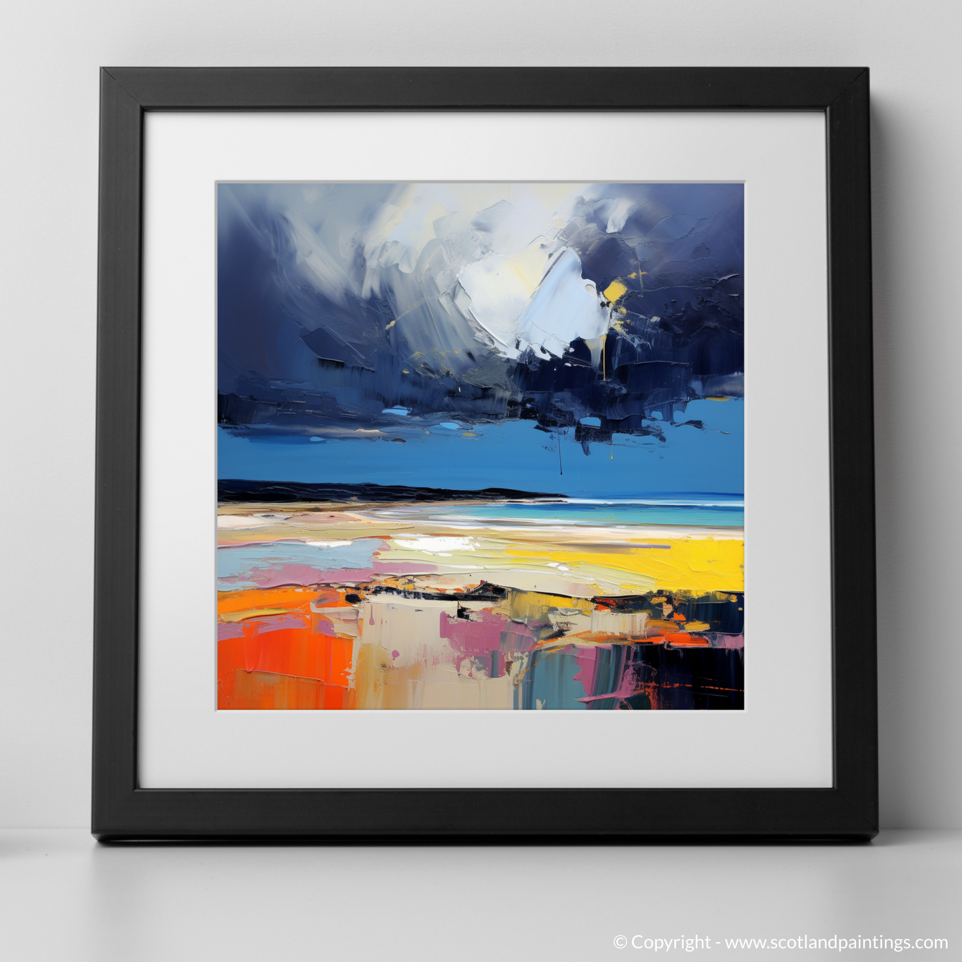 Art Print of West Sands with a stormy sky with a black frame