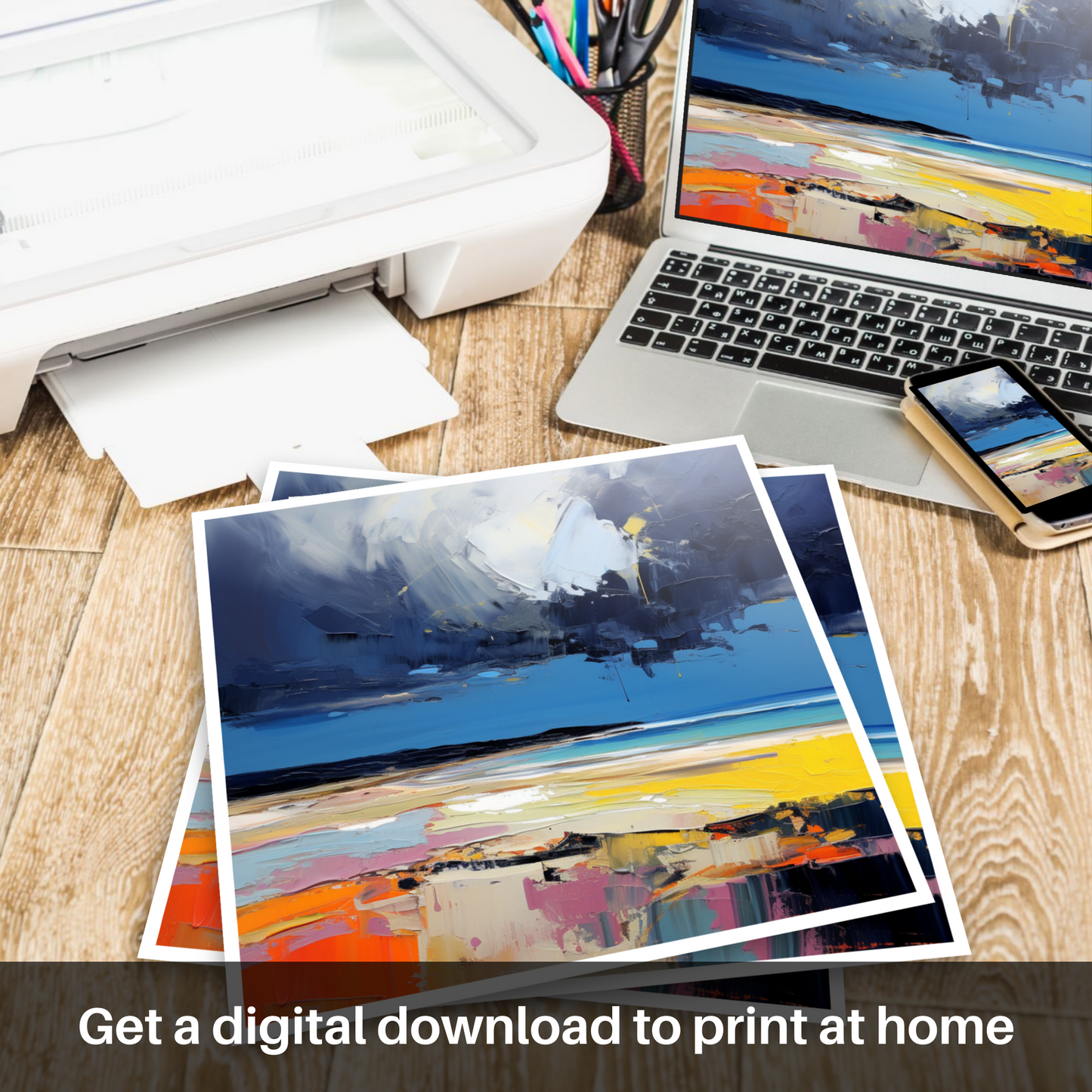 Downloadable and printable picture of West Sands with a stormy sky