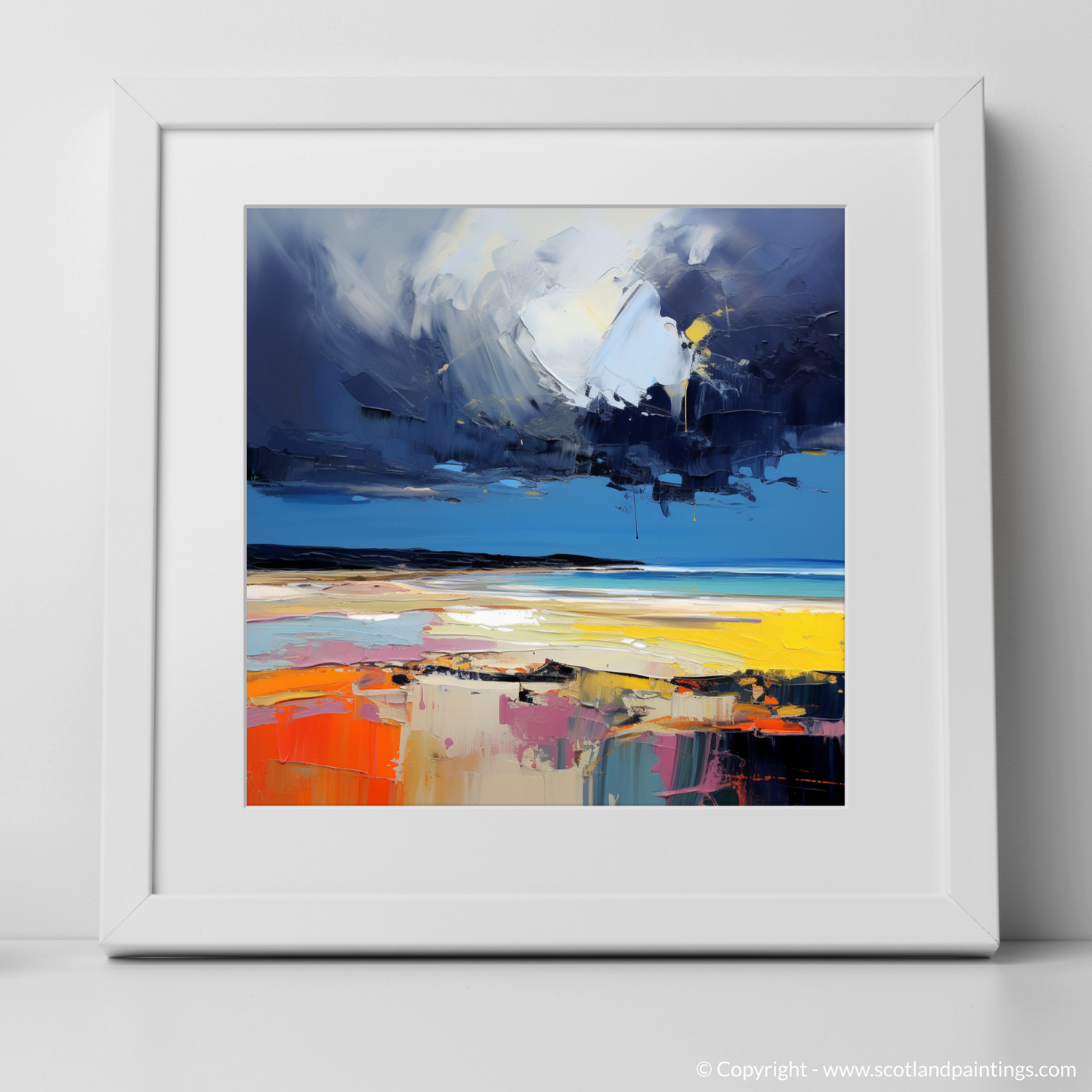 Art Print of West Sands with a stormy sky with a white frame