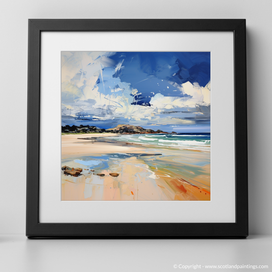 Art Print of West Sands with a stormy sky with a black frame