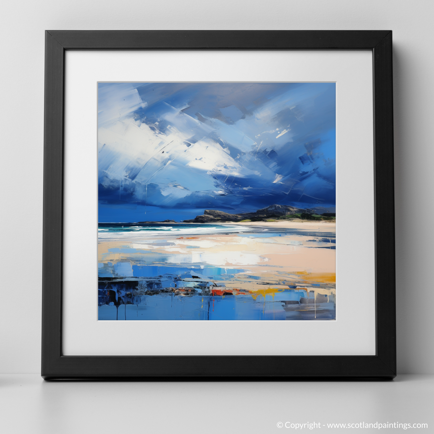 Art Print of West Sands with a stormy sky with a black frame