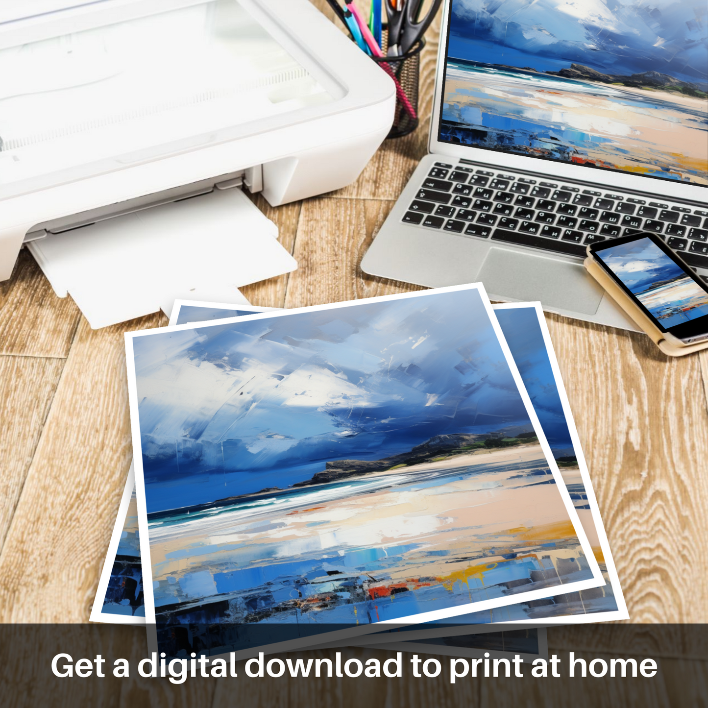 Downloadable and printable picture of West Sands with a stormy sky