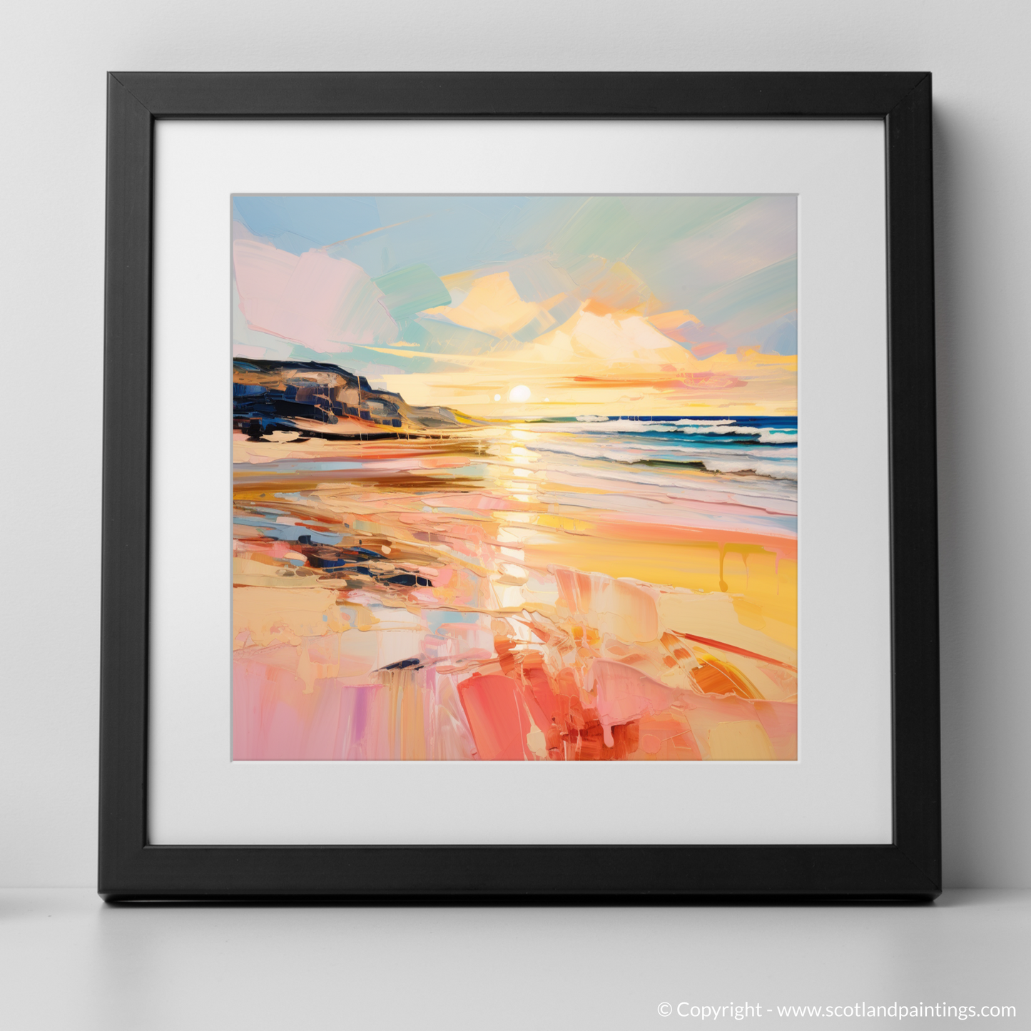 Art Print of Balmedie Beach at golden hour with a black frame