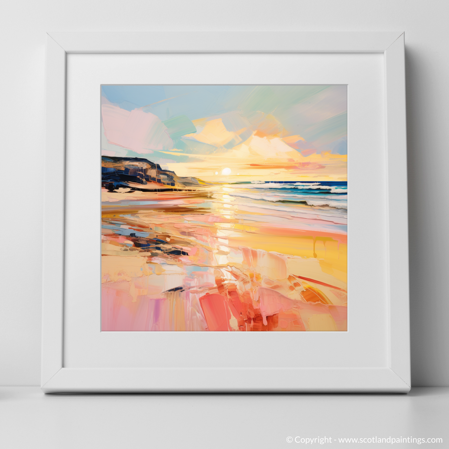 Art Print of Balmedie Beach at golden hour with a white frame