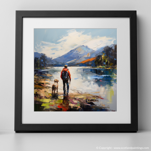 Art Print of A man walking dog at the side of Loch Lomond with a black frame