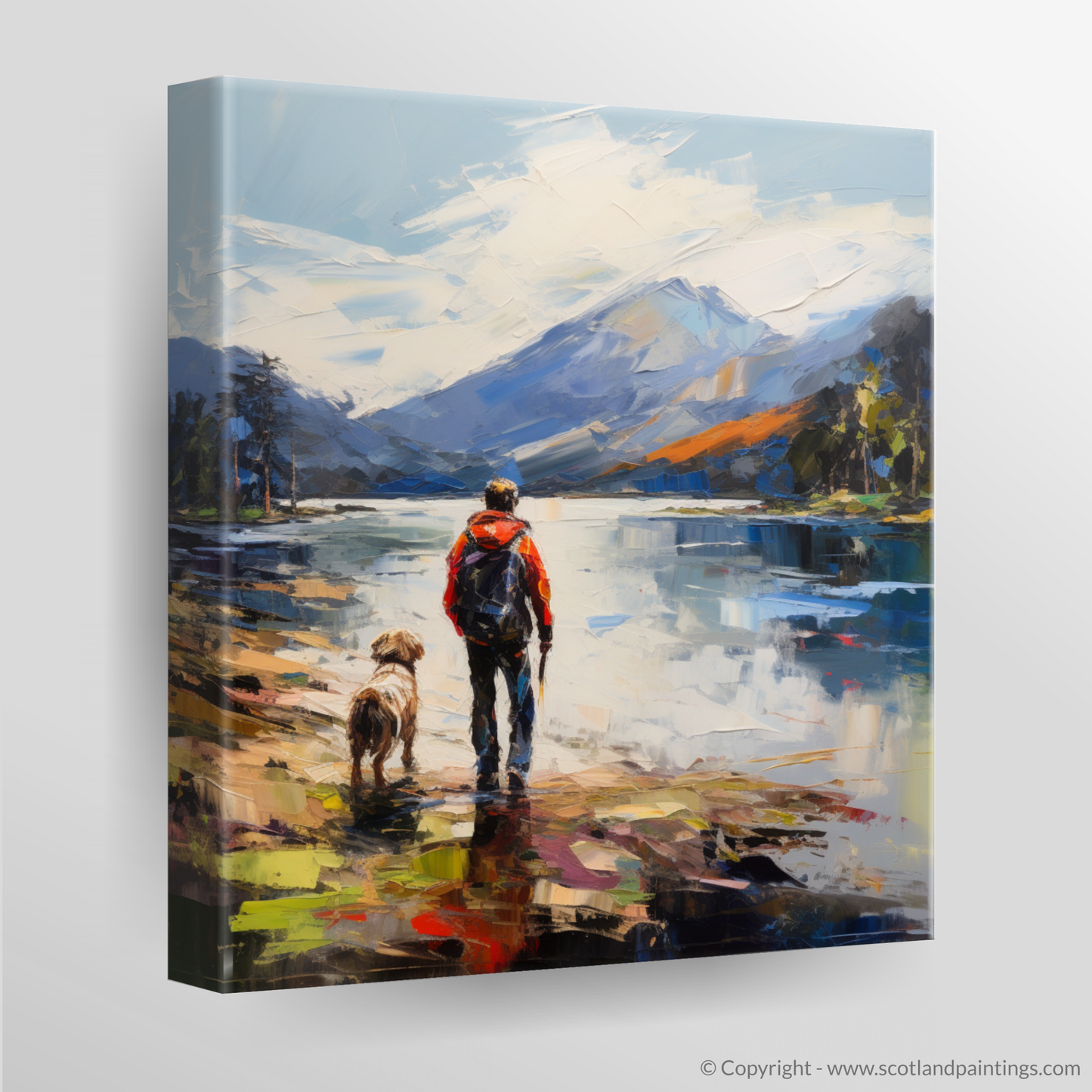 Canvas Print of A man walking dog at the side of Loch Lomond