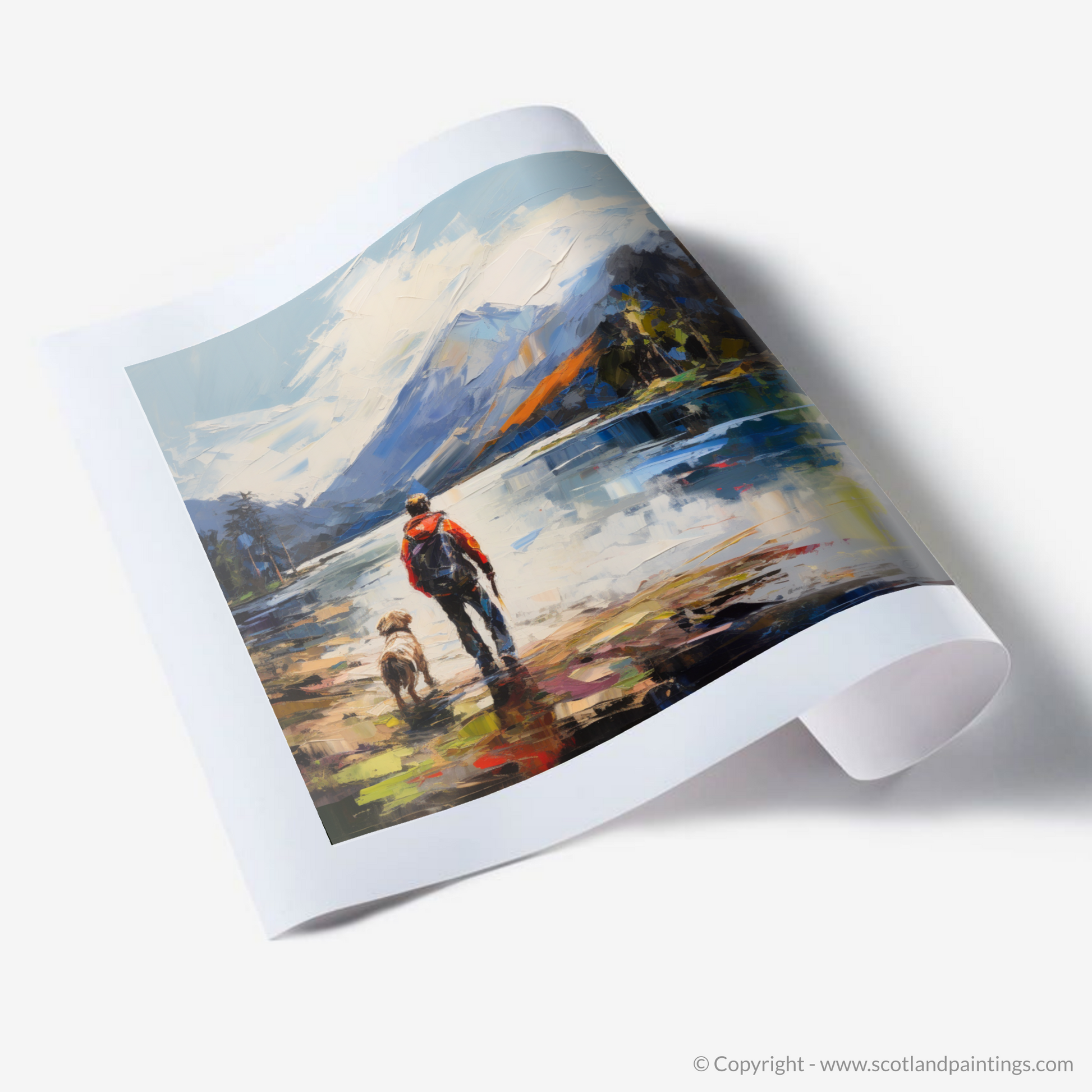 Art Print of A man walking dog at the side of Loch Lomond