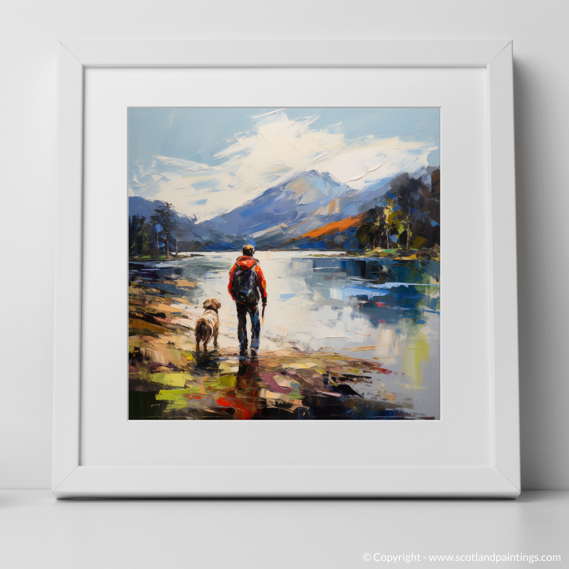Art Print of A man walking dog at the side of Loch Lomond with a white frame