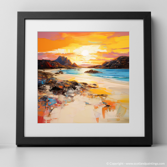 Art Print of Achmelvich Beach at golden hour with a black frame