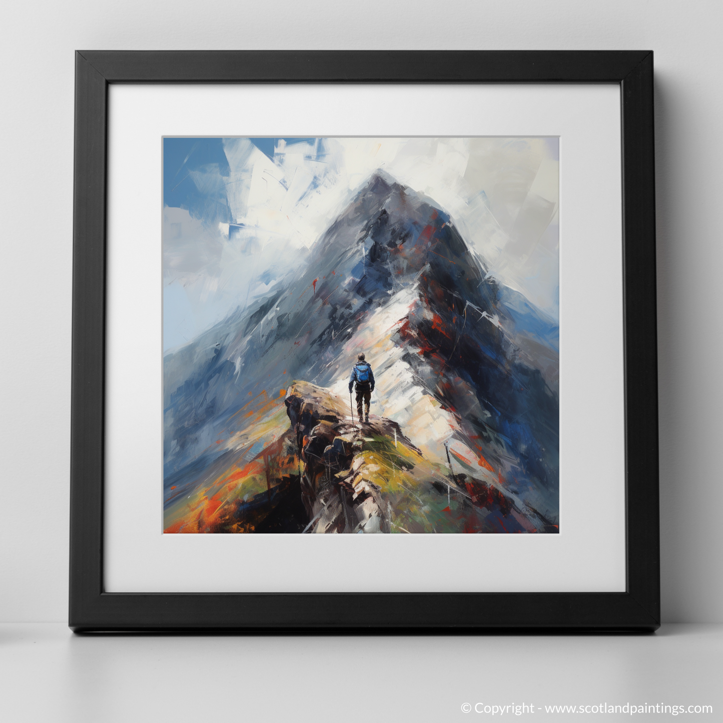 Art Print of Climber ascending misty peak in Glencoe with a black frame