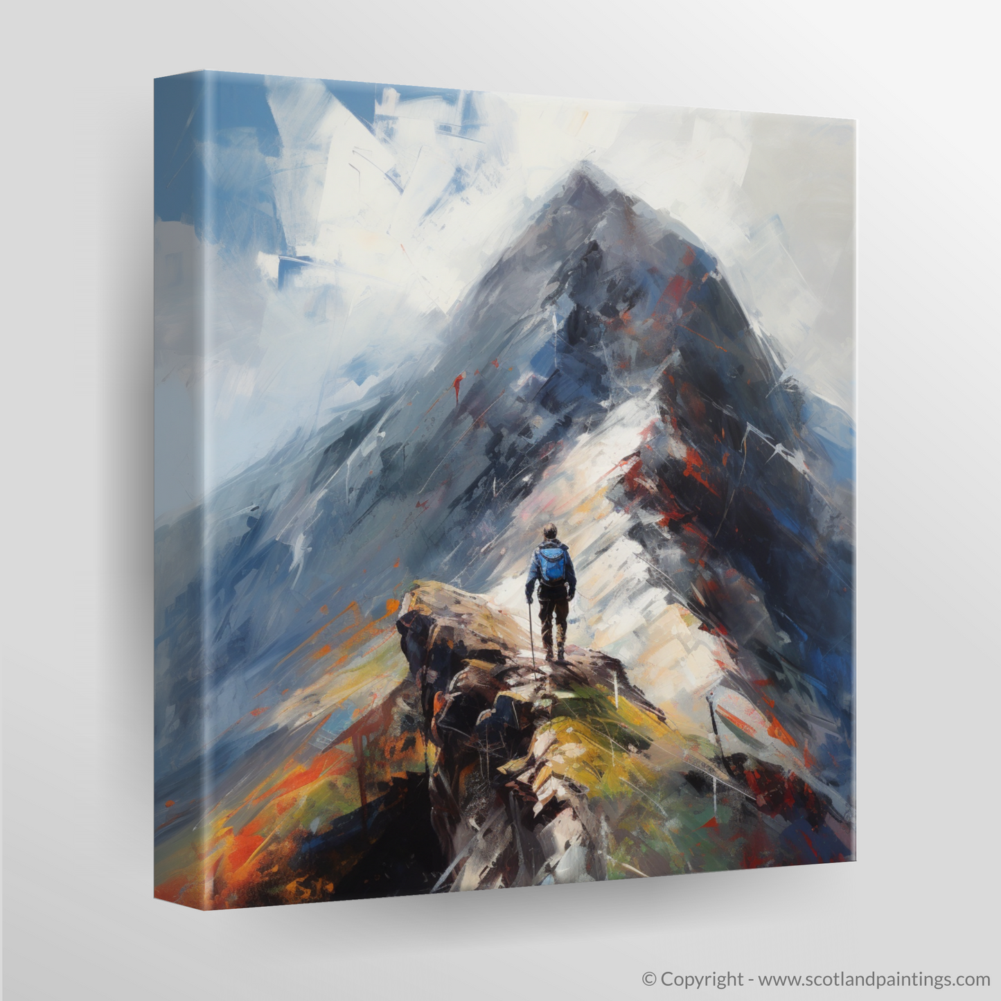 Canvas Print of Climber ascending misty peak in Glencoe