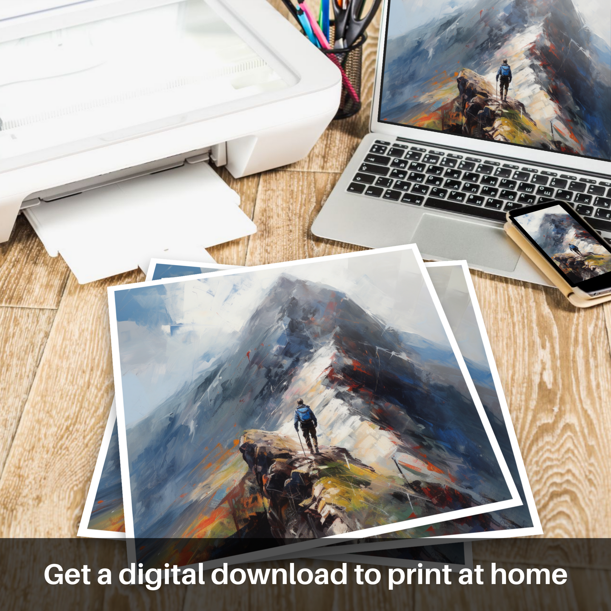 Downloadable and printable picture of Climber ascending misty peak in Glencoe