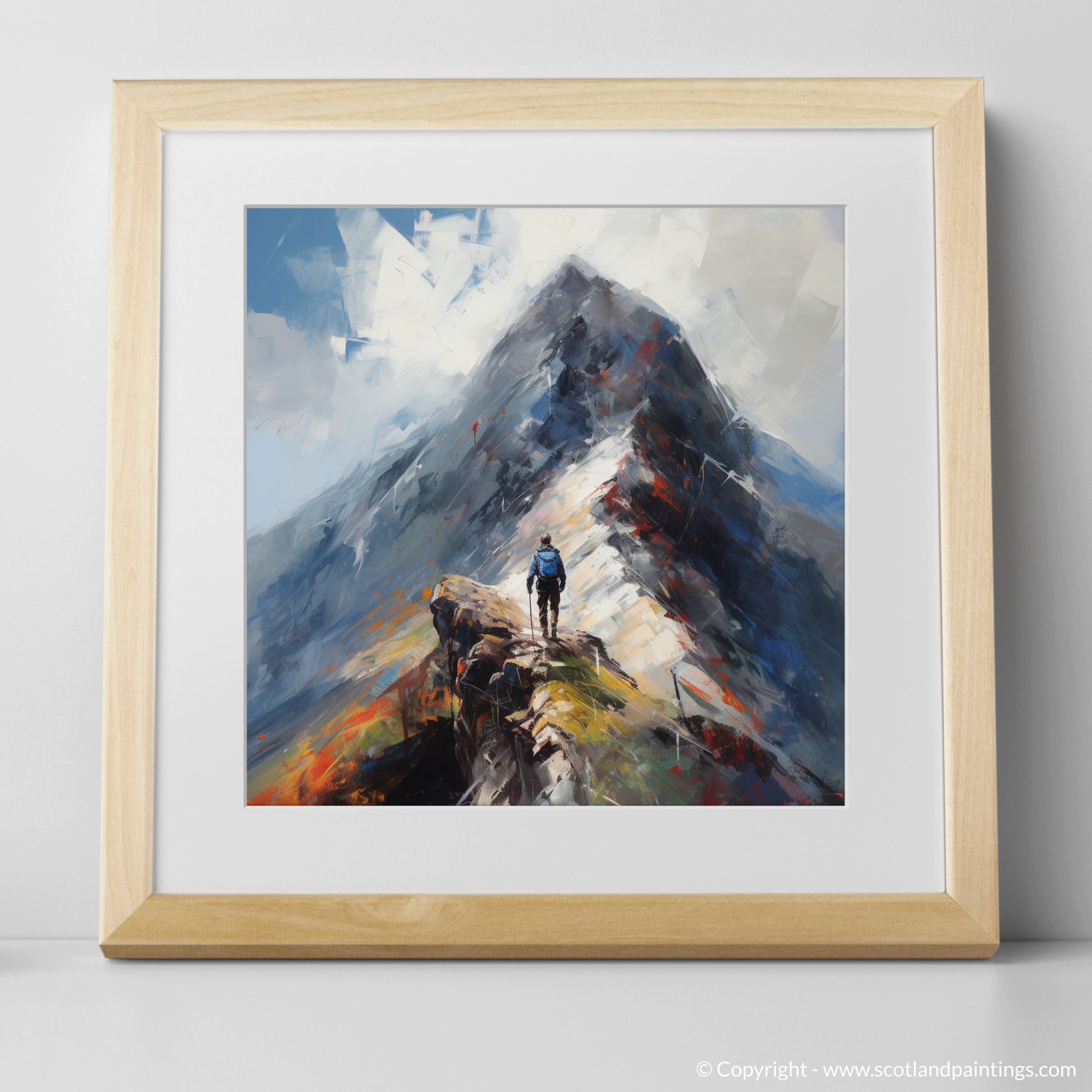 Art Print of Climber ascending misty peak in Glencoe with a natural frame