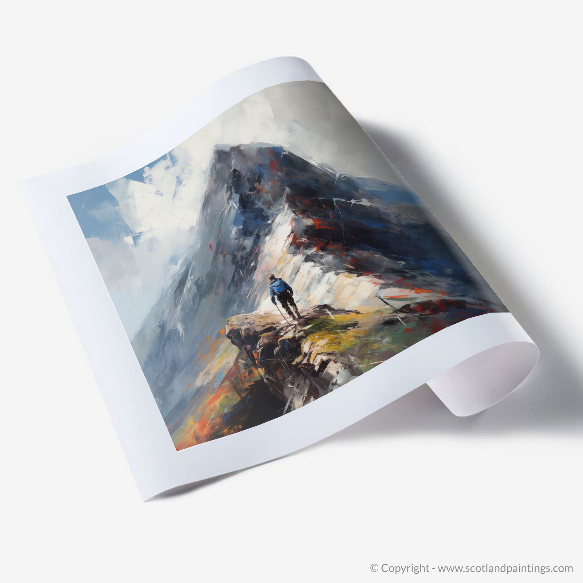 Art Print of Climber ascending misty peak in Glencoe