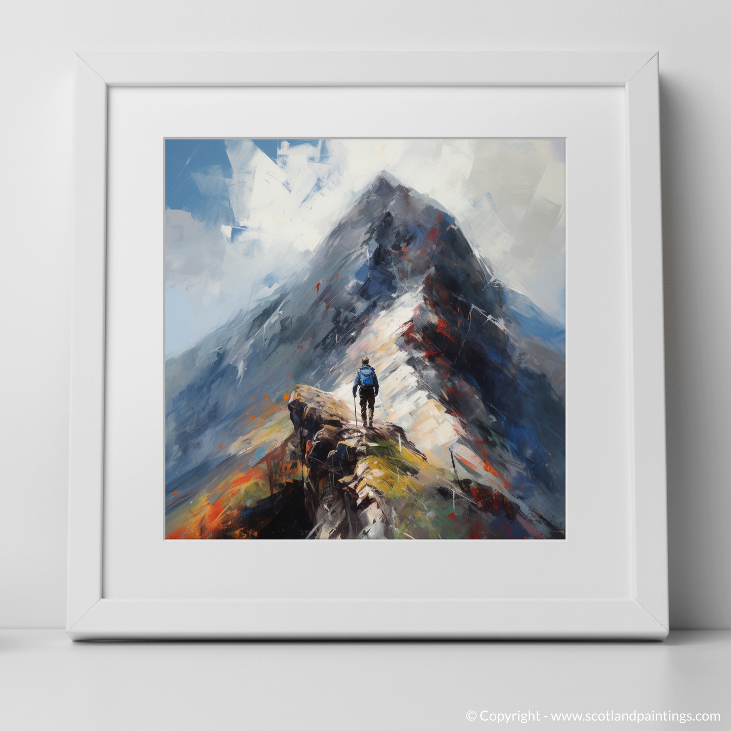 Art Print of Climber ascending misty peak in Glencoe with a white frame