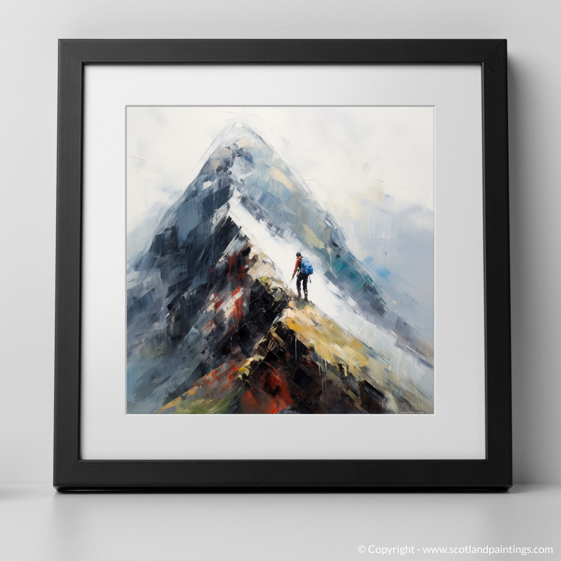 Art Print of Climber ascending misty peak in Glencoe with a black frame