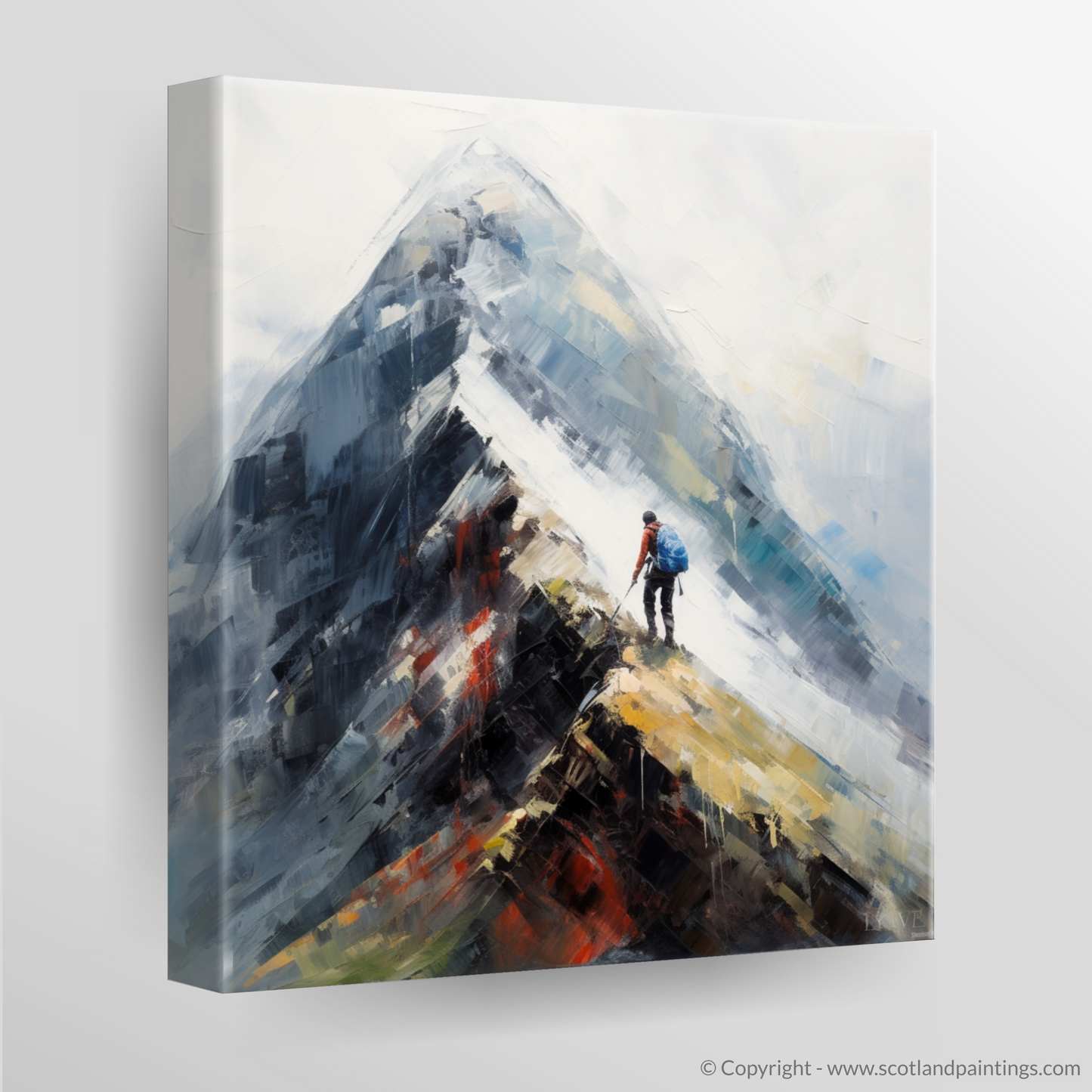 Canvas Print of Climber ascending misty peak in Glencoe