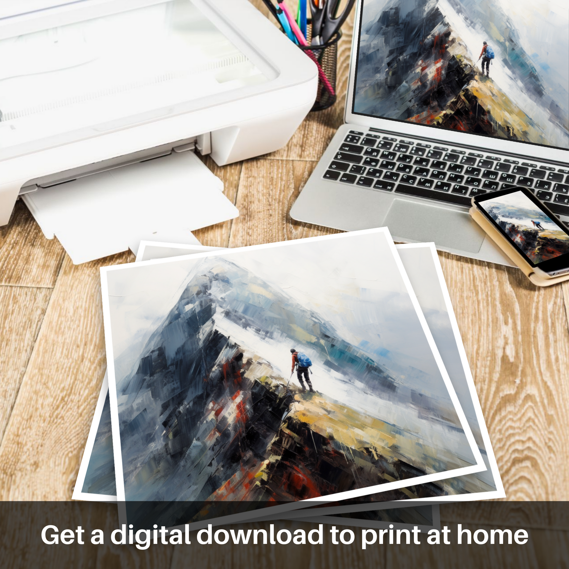 Downloadable and printable picture of Climber ascending misty peak in Glencoe