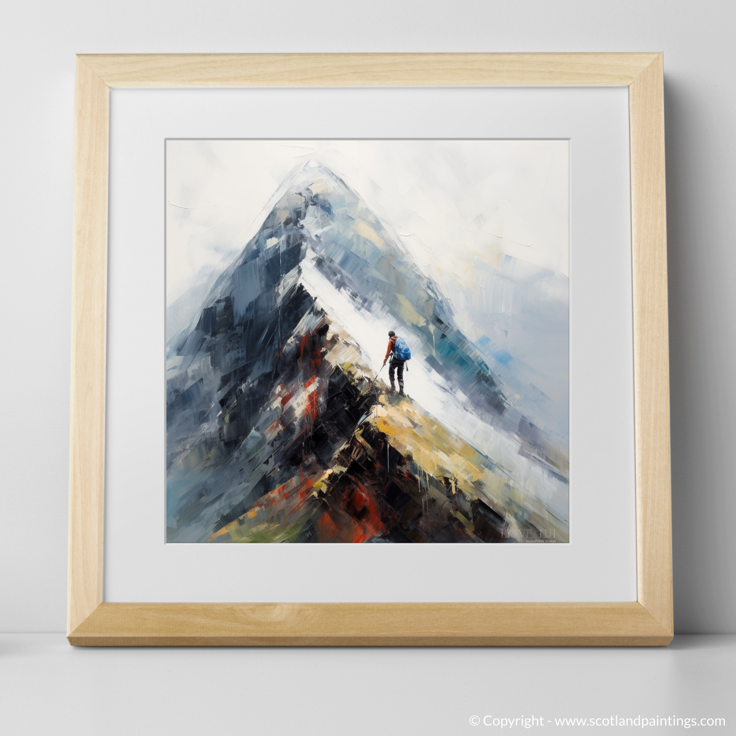 Art Print of Climber ascending misty peak in Glencoe with a natural frame