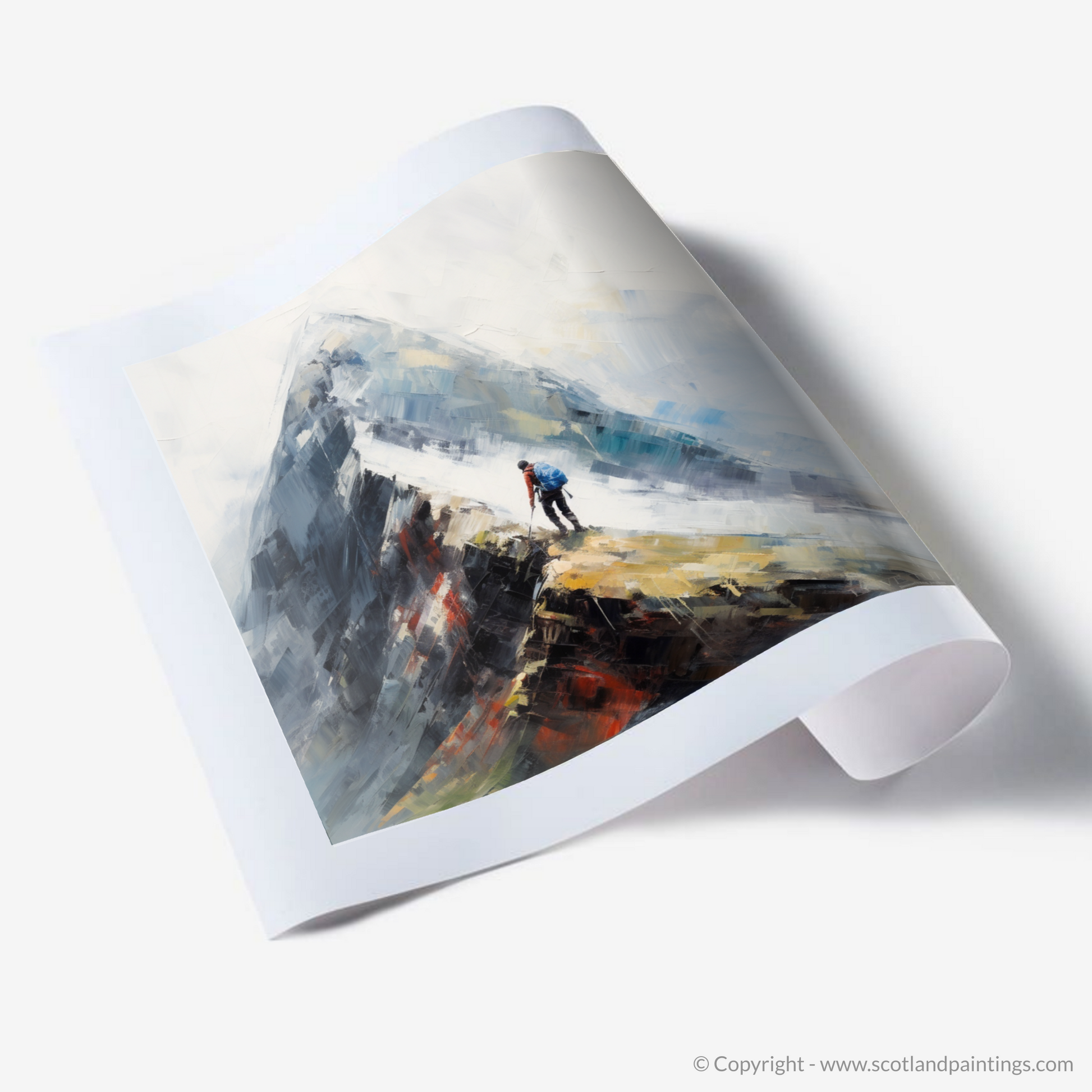 Art Print of Climber ascending misty peak in Glencoe