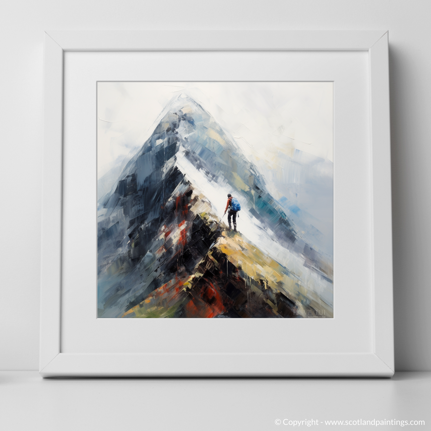 Art Print of Climber ascending misty peak in Glencoe with a white frame