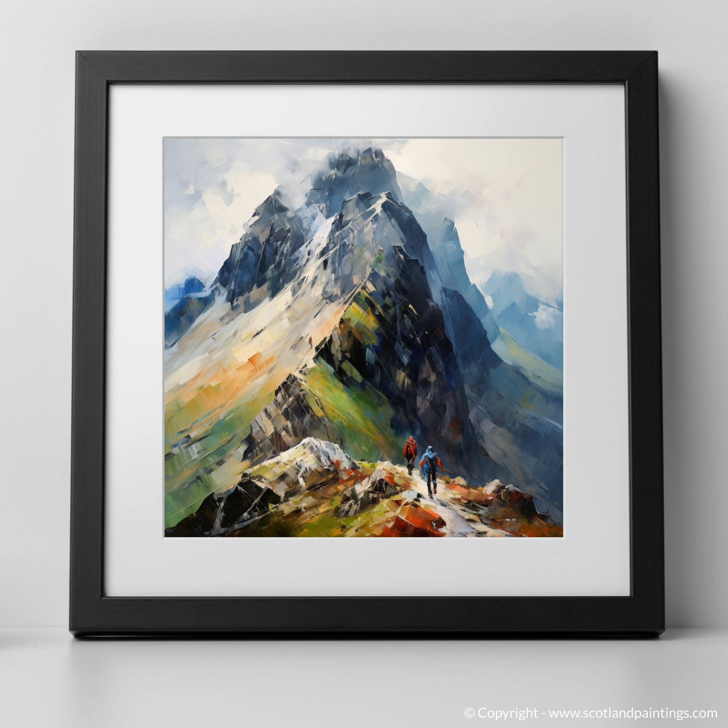 Art Print of Climber ascending misty peak in Glencoe with a black frame