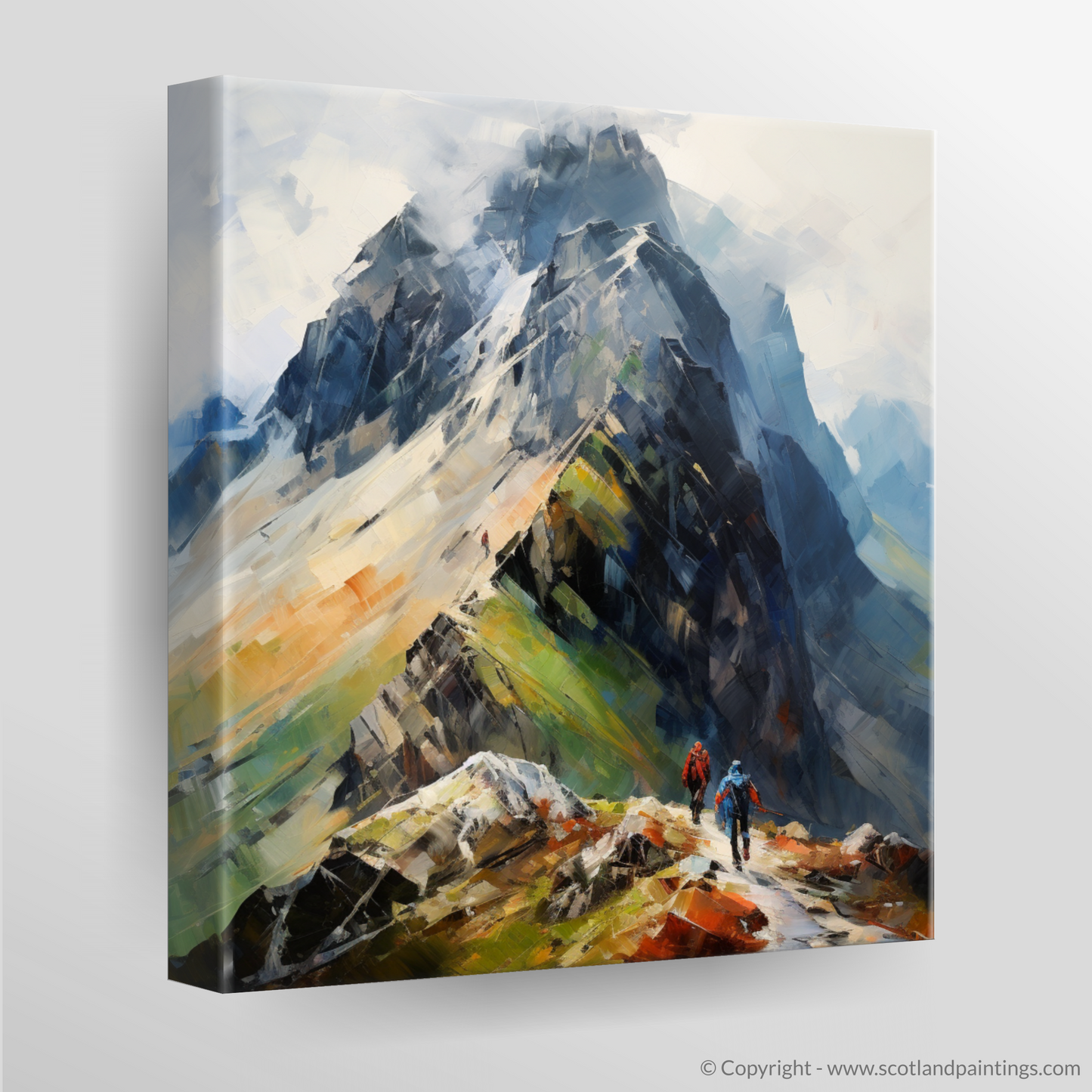 Canvas Print of Climber ascending misty peak in Glencoe