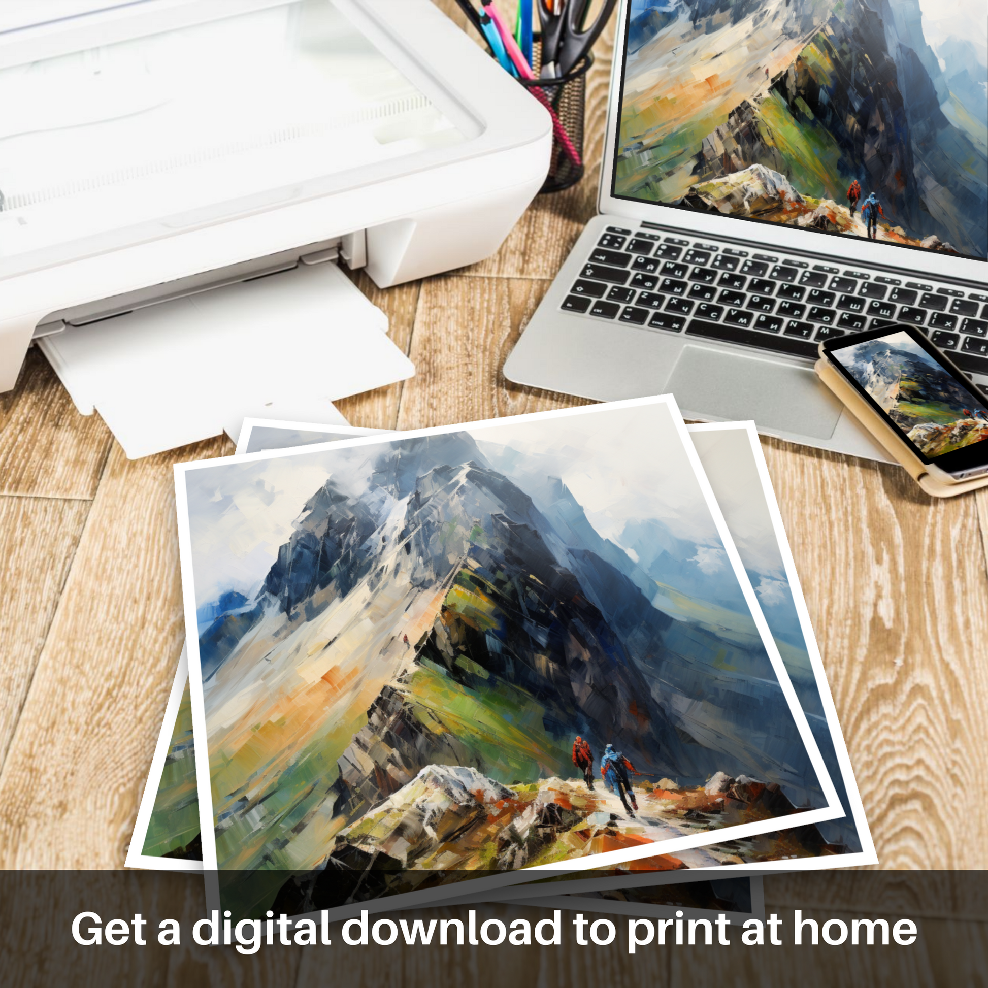 Downloadable and printable picture of Climber ascending misty peak in Glencoe