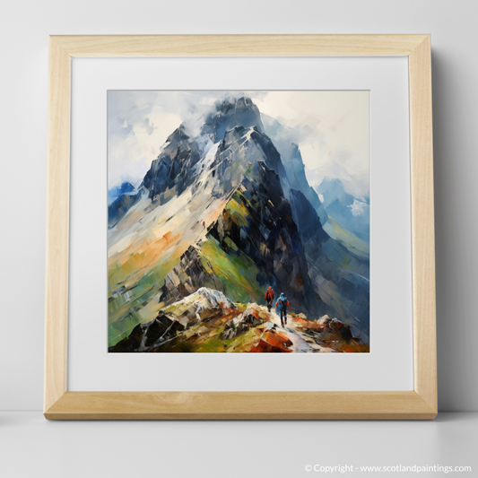 Art Print of Climber ascending misty peak in Glencoe with a natural frame