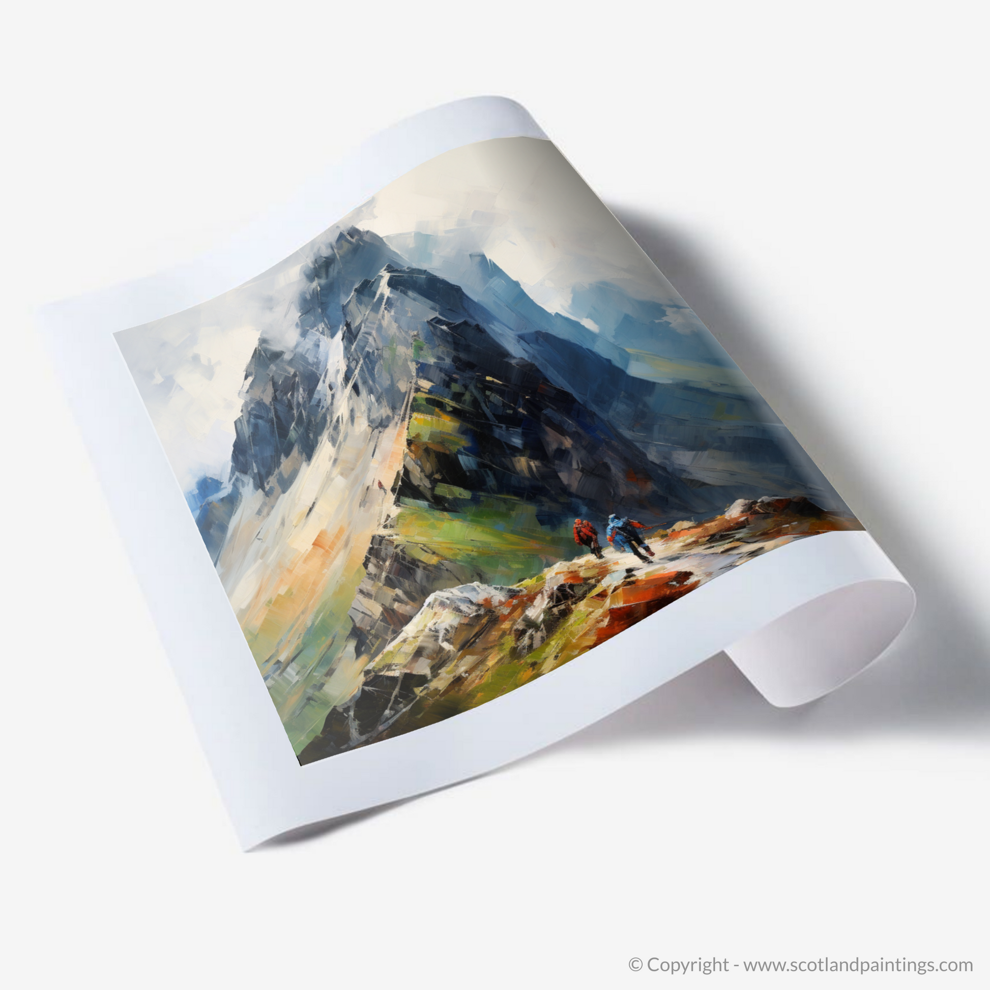 Art Print of Climber ascending misty peak in Glencoe