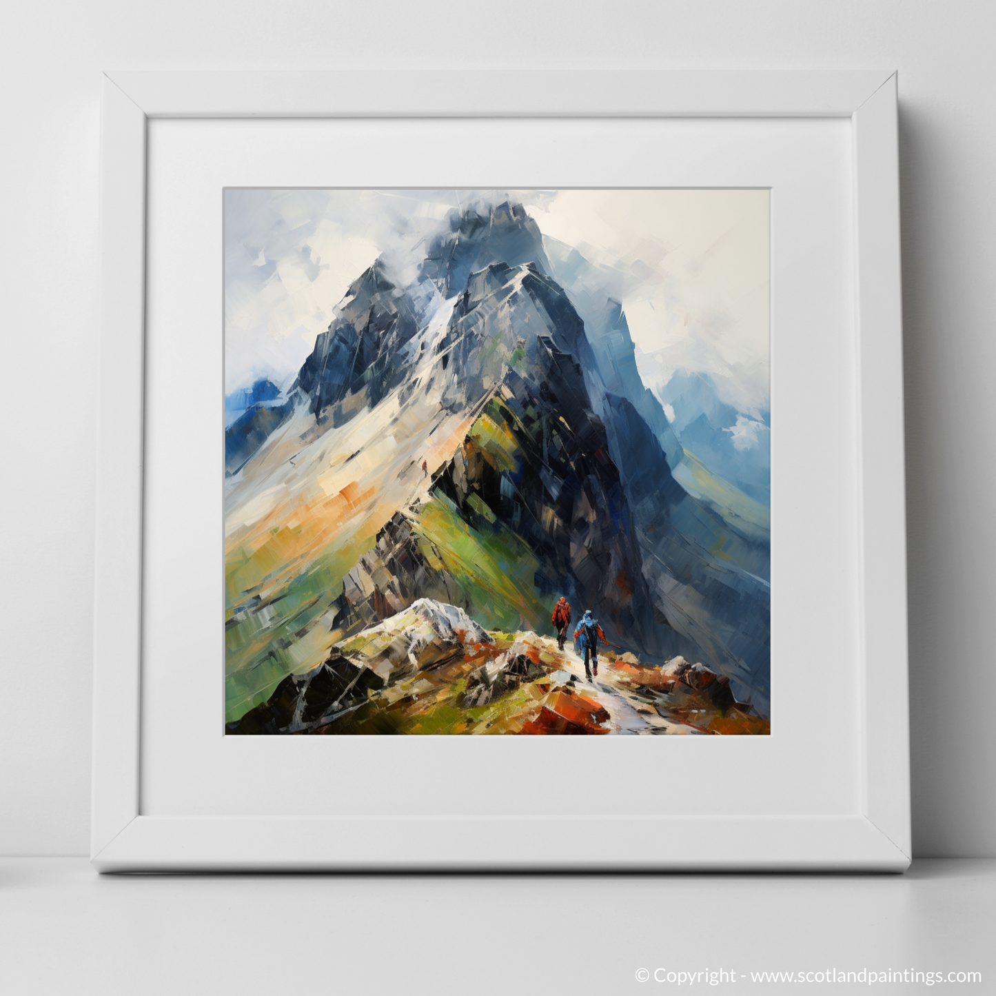 Art Print of Climber ascending misty peak in Glencoe with a white frame