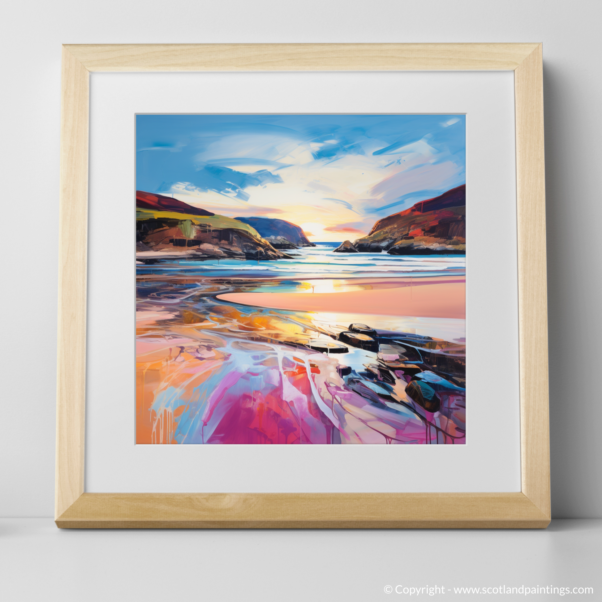 Art Print of Sandwood Bay at dusk with a natural frame