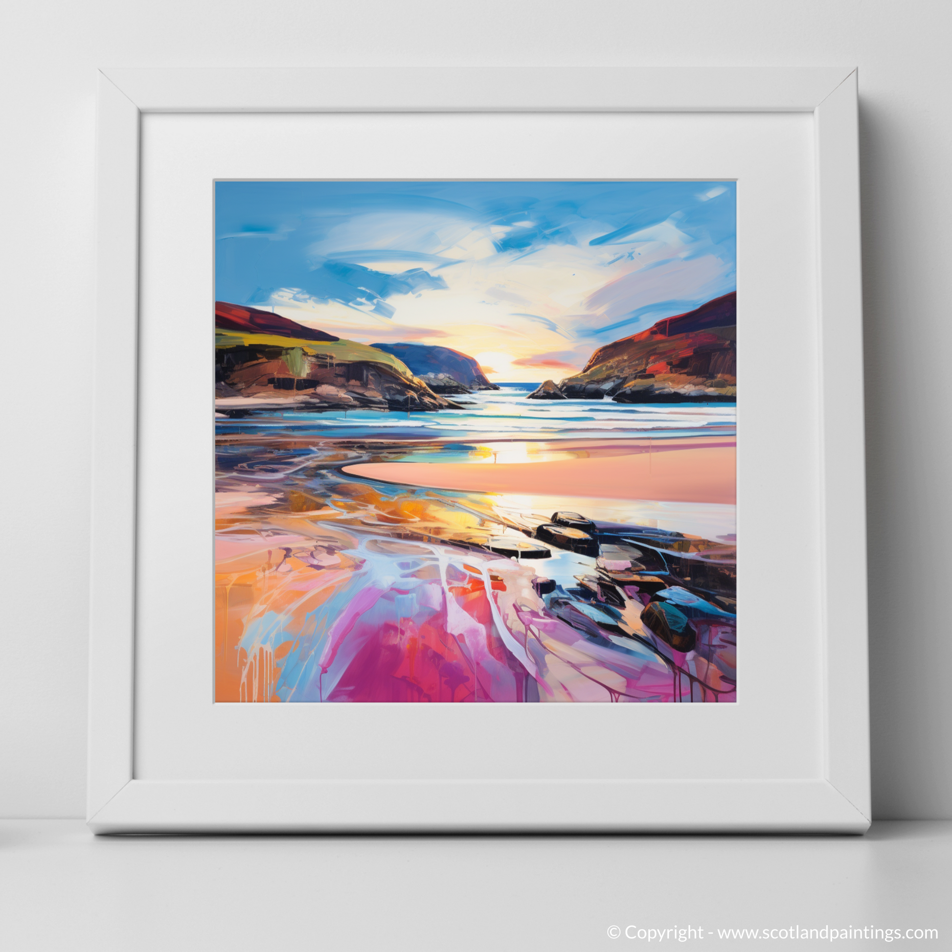 Art Print of Sandwood Bay at dusk with a white frame