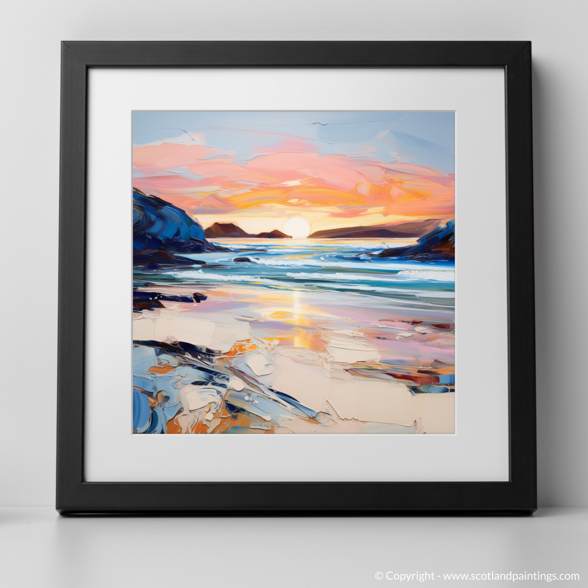 Art Print of Sandwood Bay at dusk with a black frame