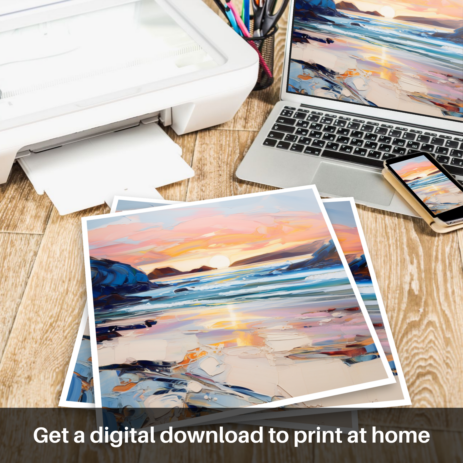 Downloadable and printable picture of Sandwood Bay at dusk