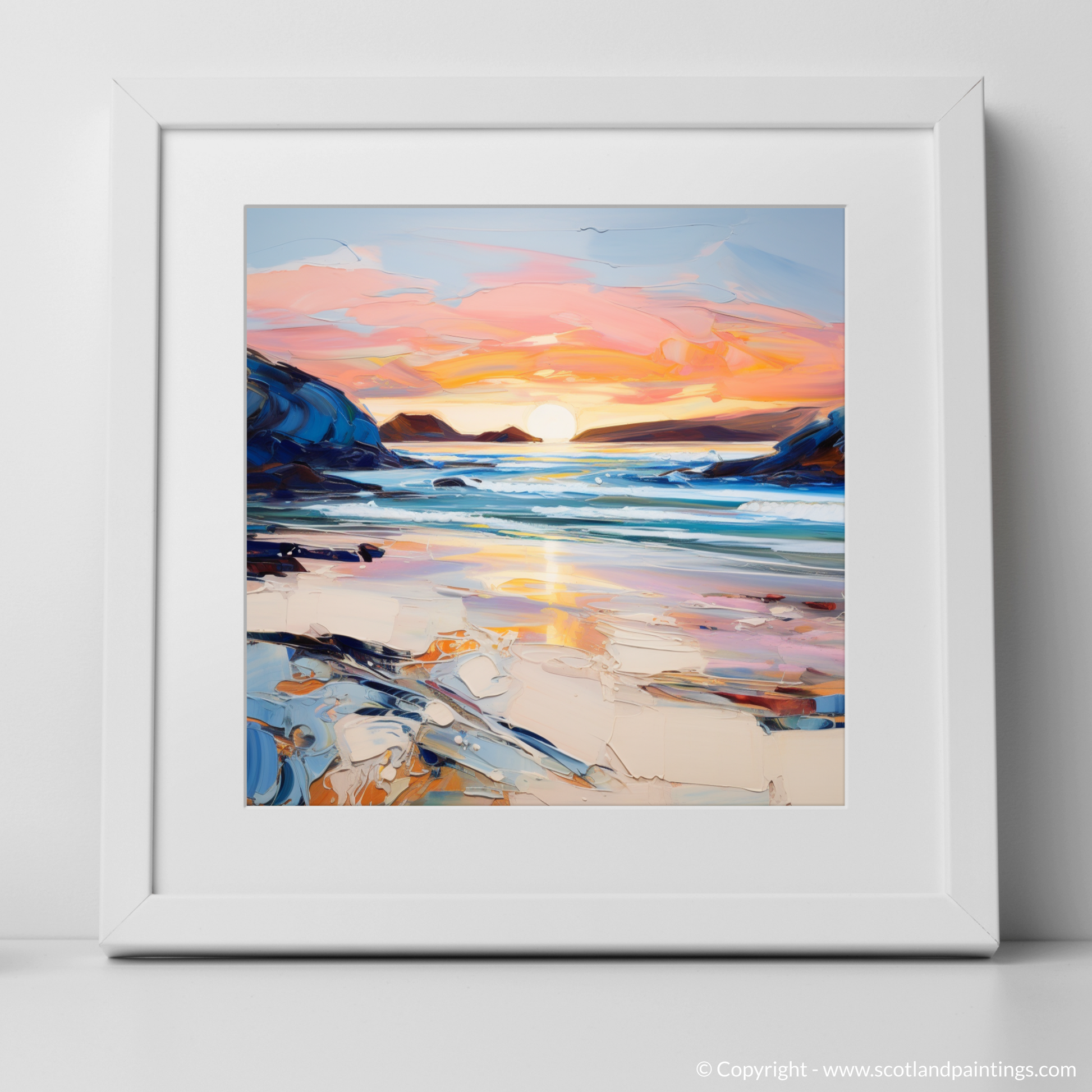 Art Print of Sandwood Bay at dusk with a white frame