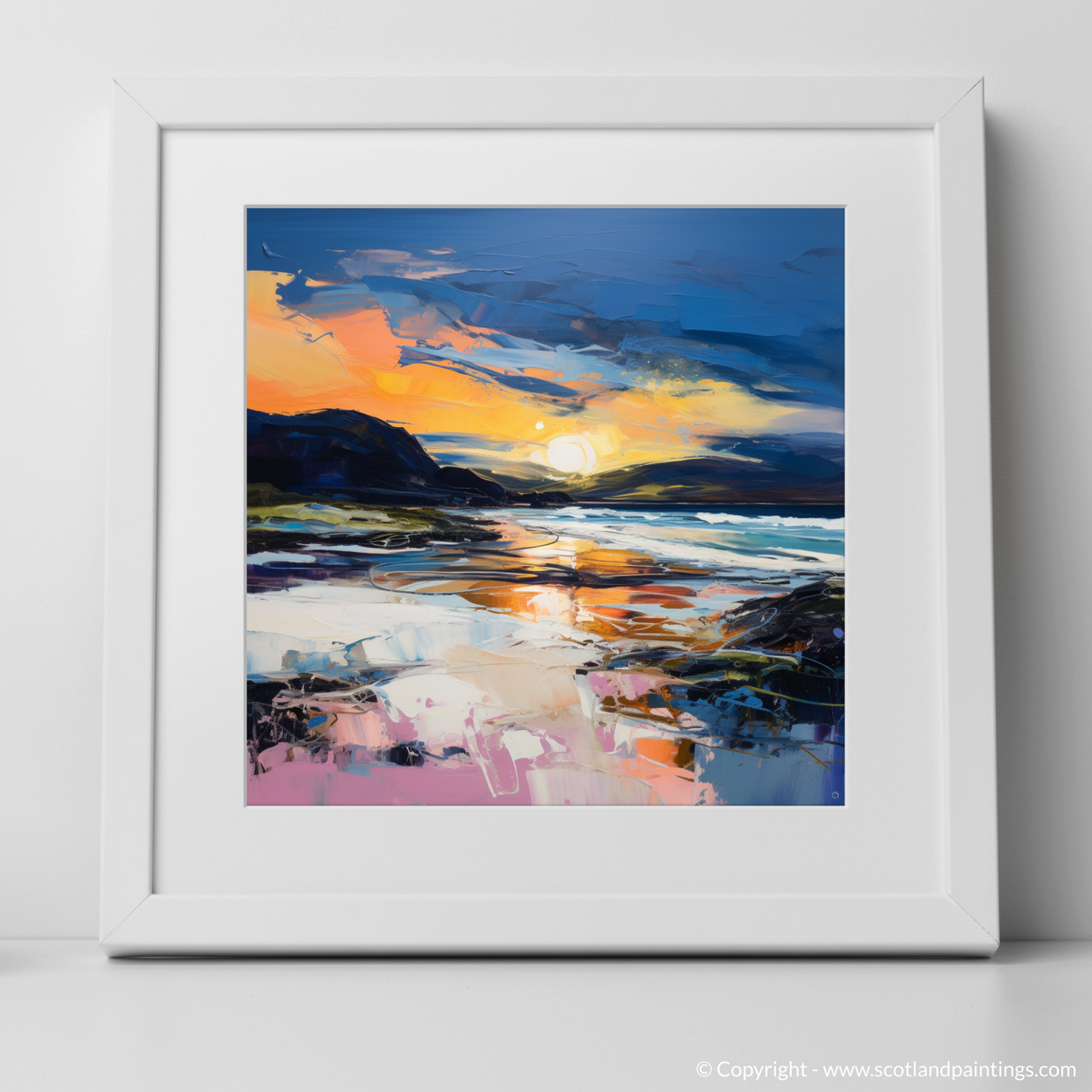Art Print of Scarista Beach at dusk with a white frame