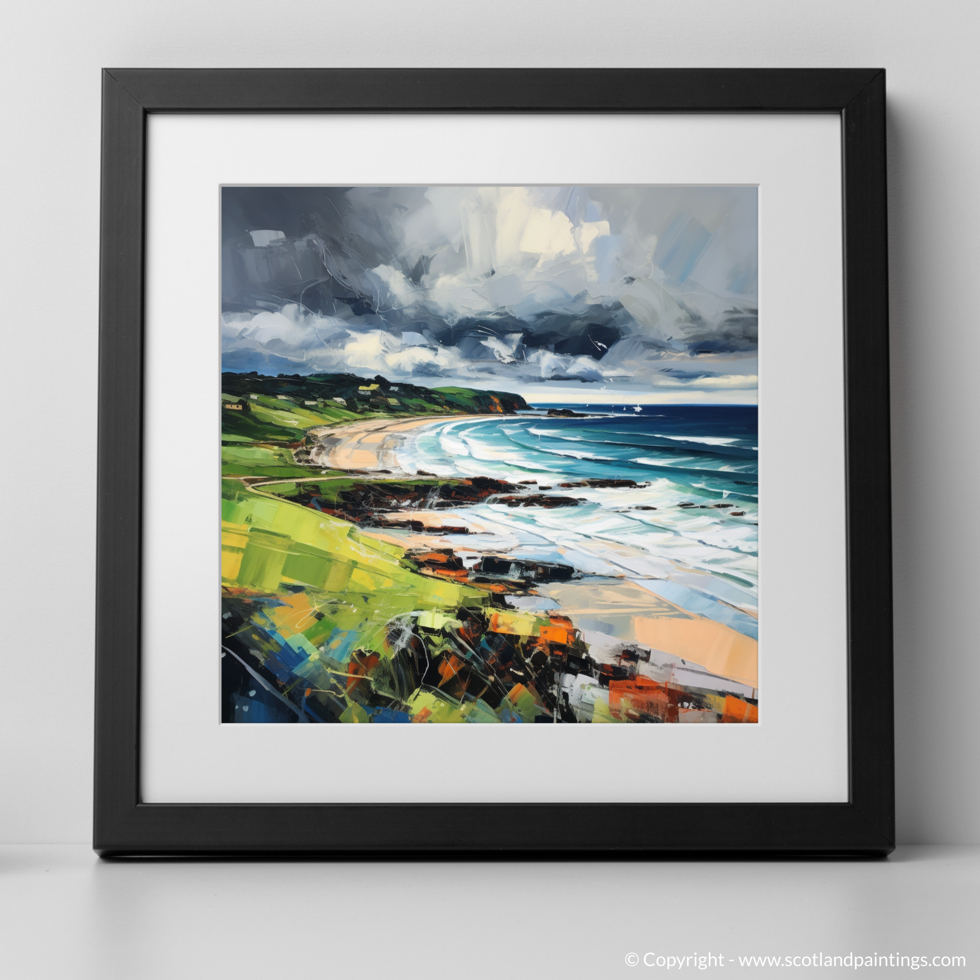 Art Print of Coldingham Bay with a stormy sky with a black frame