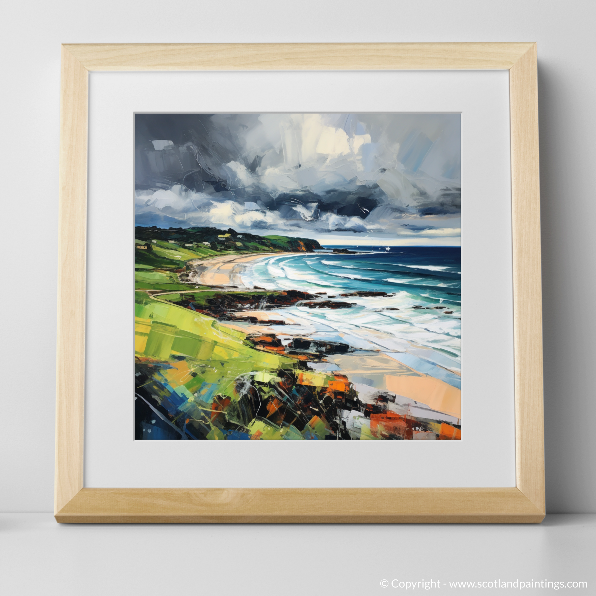 Art Print of Coldingham Bay with a stormy sky with a natural frame