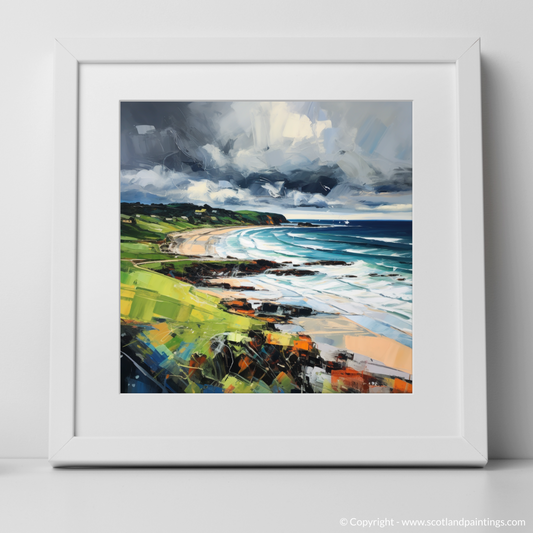 Art Print of Coldingham Bay with a stormy sky with a white frame