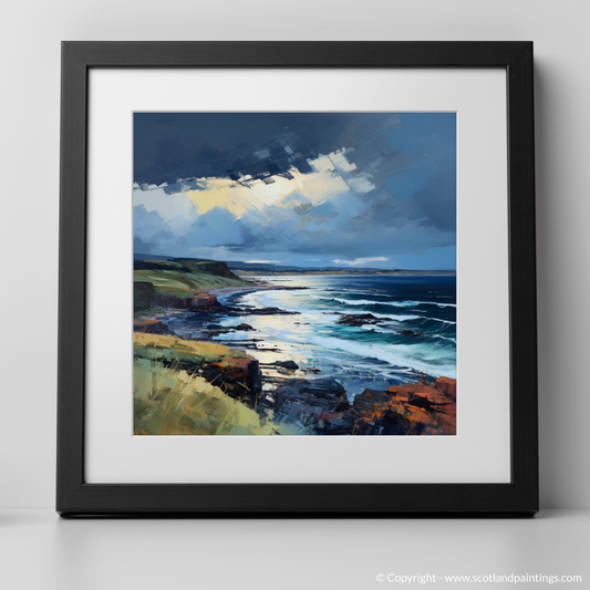 Art Print of Coldingham Bay with a stormy sky with a black frame